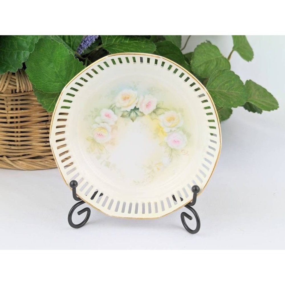 Antique 1890s Porcelain Openwork Vanity Dish Lattice Reticulated Porcelain Bowl